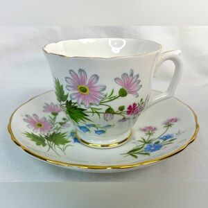 Staffordshire Tea Cup Saucer English Bone China Wild Flowers Gold Set England
